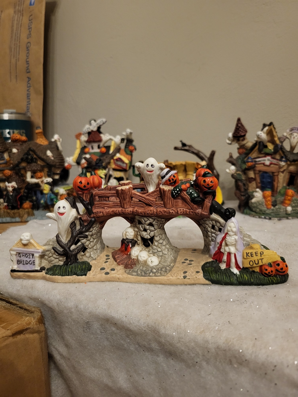 Spooky Hollow Halloween Village Ghost Bridge Porcelain Figurine Light Set Piece